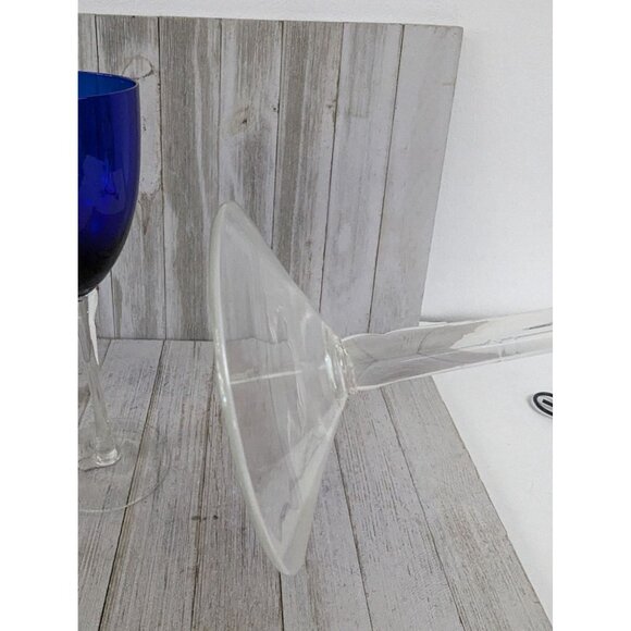 Vintage Set of 2 Hand Blown Cobalt Blue With Clear Stem Wine Glasses 10" - Picture 3 of 5